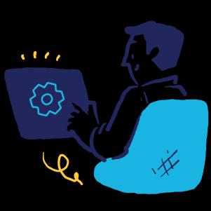 Man working on a computer with gear on the screen