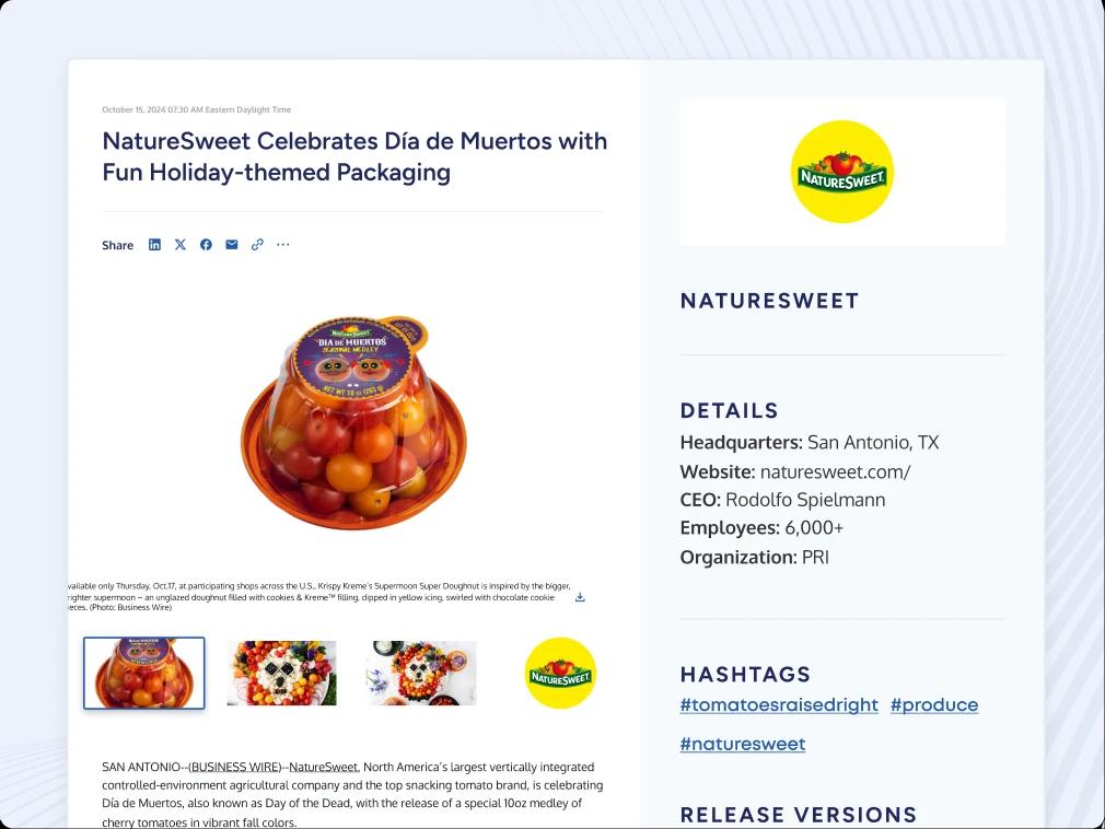 Example of a Business Wire press release from Naturesweet about their Dia de los Muertos news