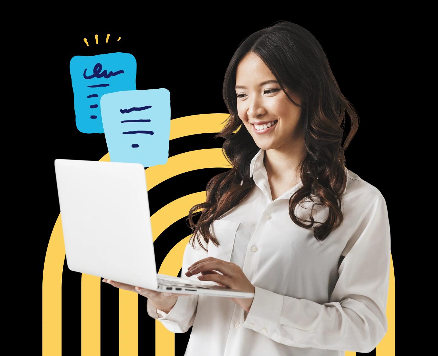 woman looking at docs on a laptop